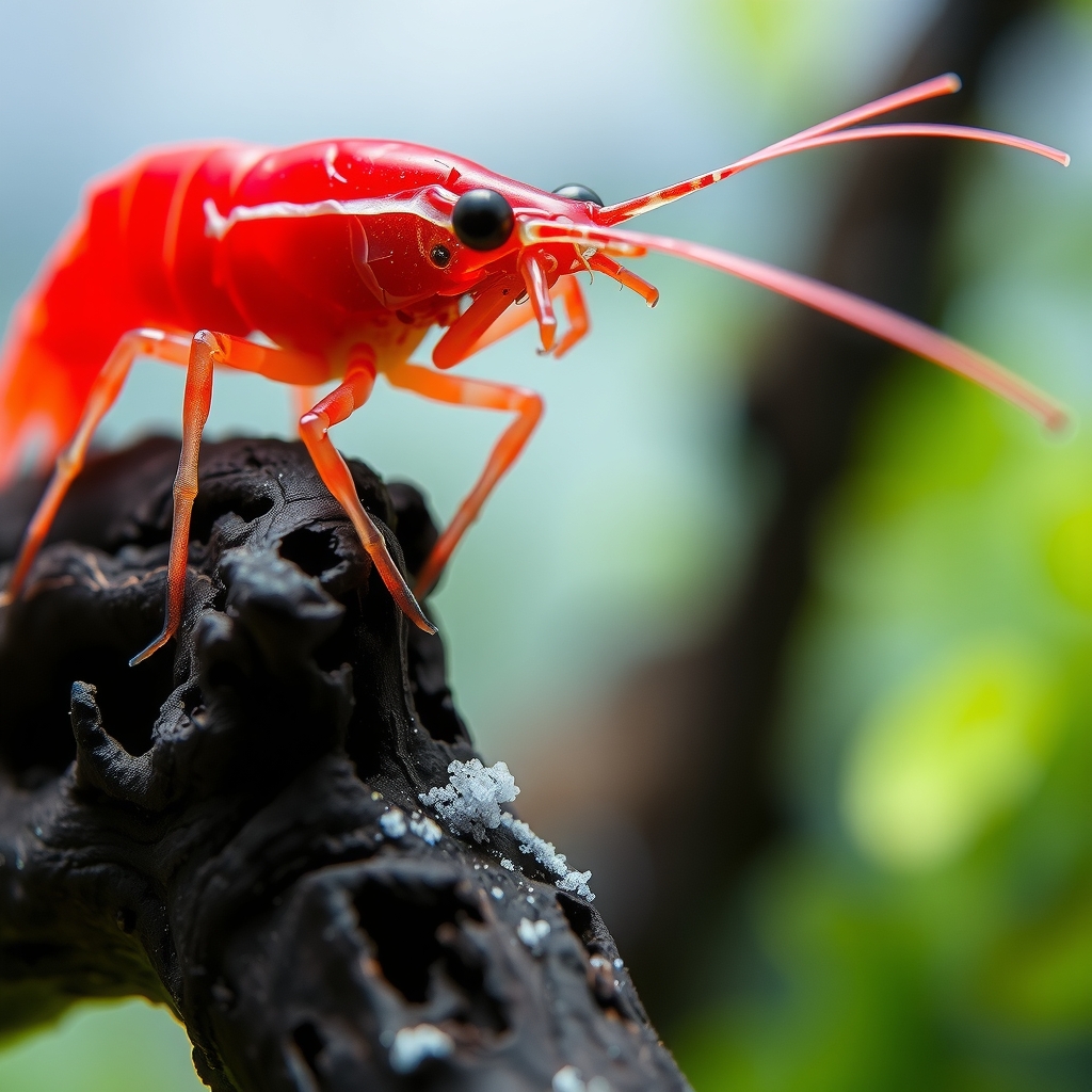 Close up of a bright red cherry shrimp resting on driftwood in a clean freshwater aquarium.