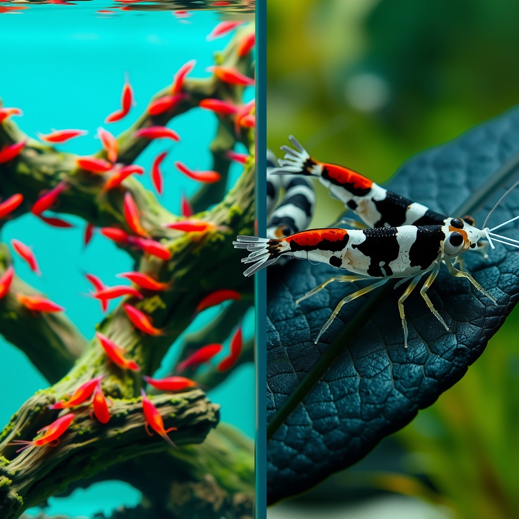 A comparison showing Red Cherry Shrimp on the left and Crystal Black Shrimp on the right, highlighting the visual differences between the two species.