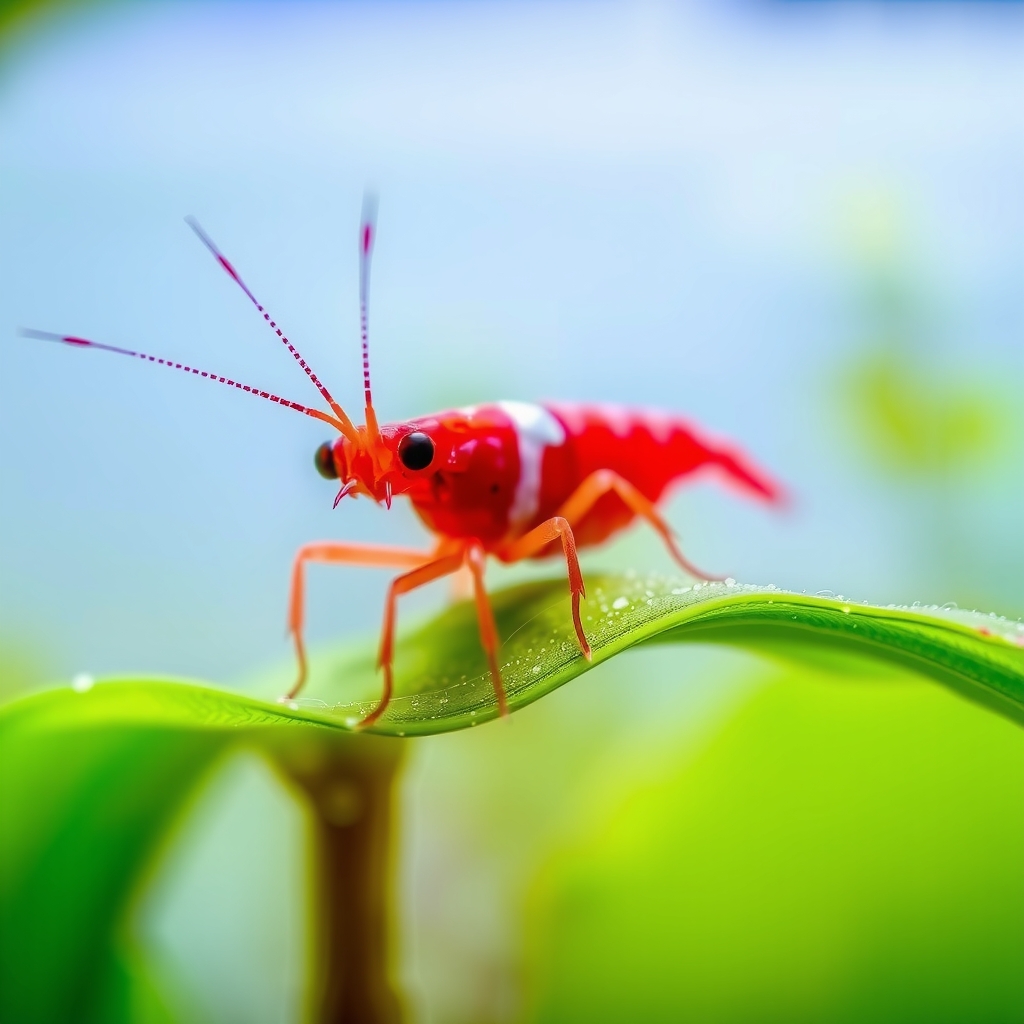 Red Cherry Shrimp resting on a green Anubias leaf in a freshwater aquarium.