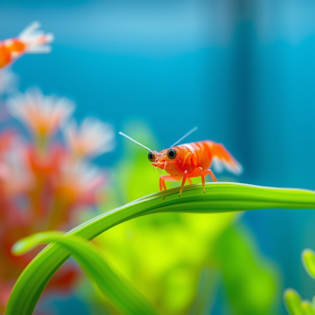 Bright red cherry shrimp resting on a green anubias leaf in a freshwater aquarium.