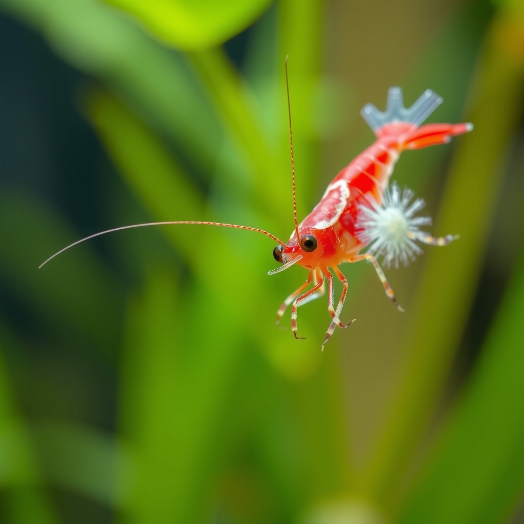 Close-up of a red cherry shrimp with a white ring forming behind its head, indicating a molting issue.