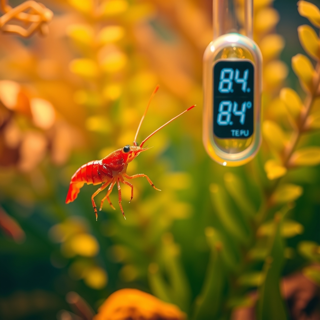 A bright red Cherry Shrimp floats listlessly near the water surface of a planted tank. A thermometer in the background displays a high reading of 84 degrees Fahrenheit.